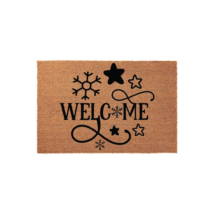 Winter Welcome Coir Doormat featuring a natural brown fiber texture with black printed text that reads Welcome, accented by festive snowflake and star icons for a cozy holiday entryway decor piece on a plain white background.