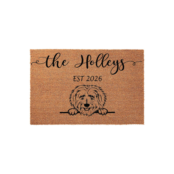 Personalized Goldendoodle Doormat featuring a cute shaggy dog illustration, custom family name text, and established year on a natural coir fiber background, making a charming entrance decor piece for any dog-loving household.