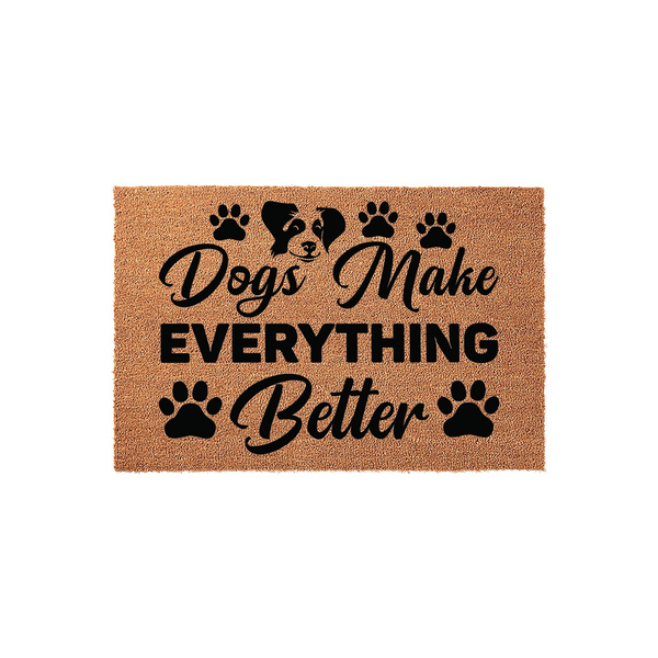 Dogs Make Everything Better coir doormat featuring a cute dog face illustration and black paw prints on a natural tan fiber background, creating a welcoming entrance for any pet lover's home with its charming and durable design.