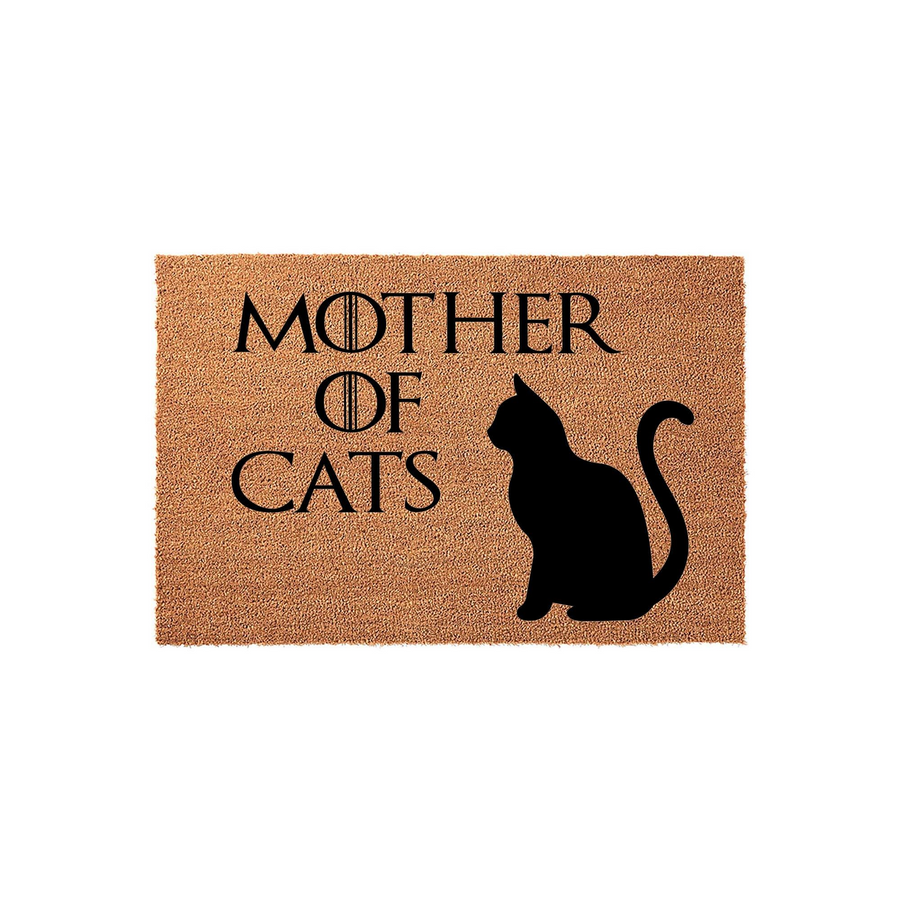 Mother of Cats coir doormat featuring a black silhouette of a sitting cat and bold, stylized lettering on a natural brown fiber background, making a fun entrance decor piece for any cat lover who enjoys fantasy-inspired home