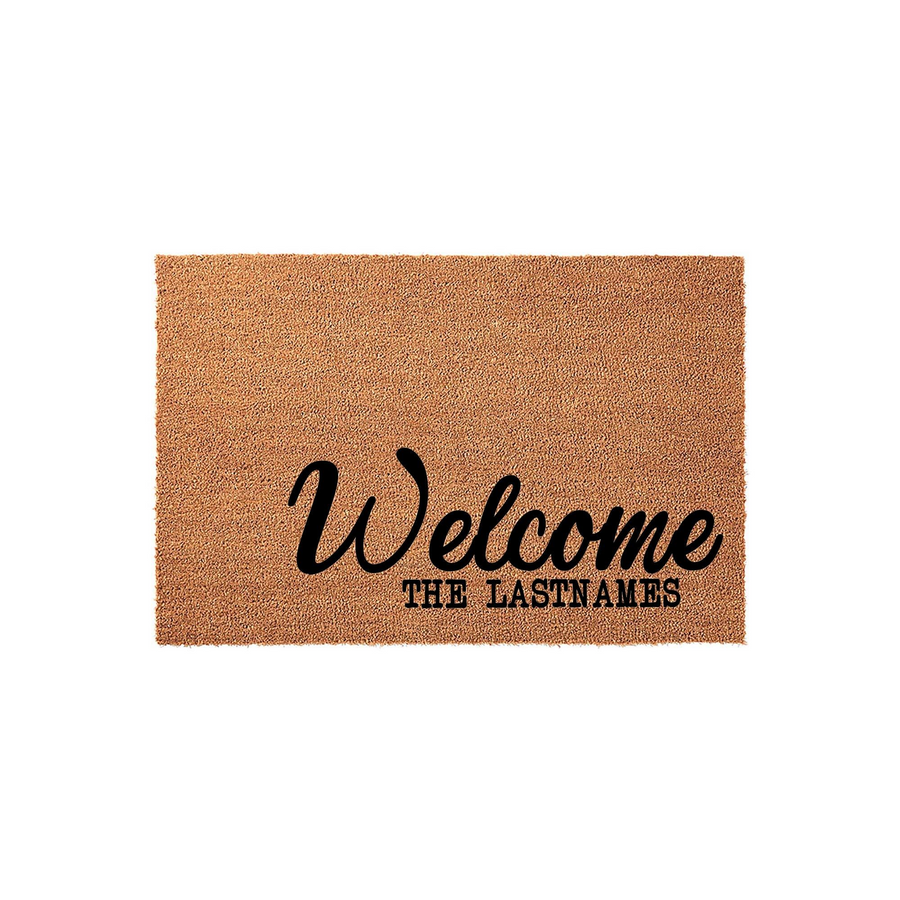 Personalized Family Name Welcome Doormat featuring a natural coir texture with the word Welcome in elegant black script and a customizable last name printed in a bold block font, creating a classic entryway decor piece for any