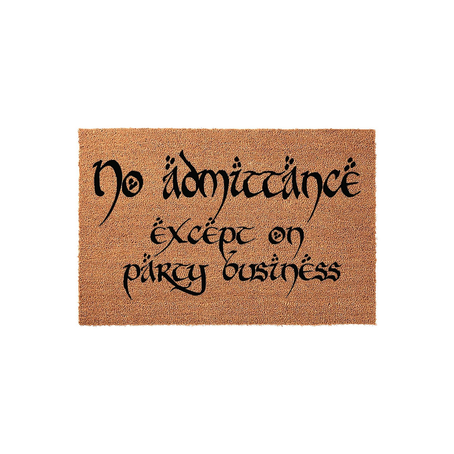 Fantasy themed coir doormat featuring the iconic No Admittance Except on Party Business quote in a stylized black font, set against a natural brown fiber background for a fun and welcoming entrance to any home or fan-inspired