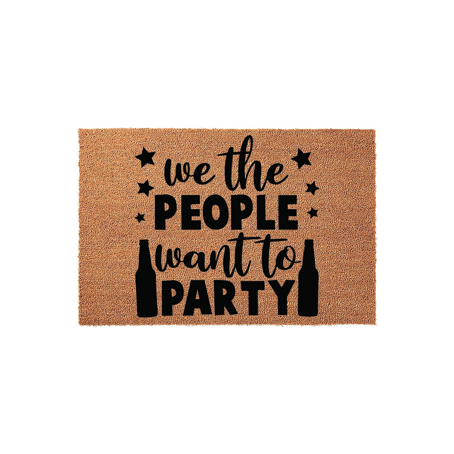 We the People Want to Party coir doormat featuring black text and beer bottle graphics on a natural brown fiber background, creating a fun and festive entryway decor piece for your home or front porch that welcomes guests with