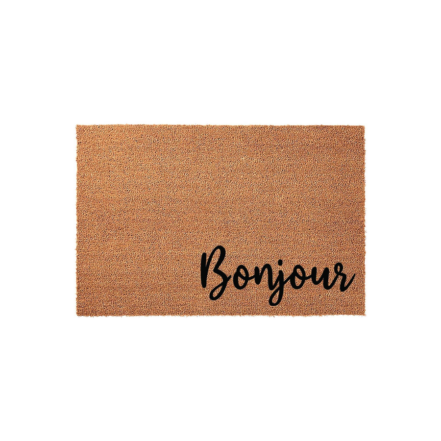 Bonjour coir doormat featuring a natural tan fiber texture and elegant black script lettering, presented on a clean white background to showcase the durable outdoor welcome mat design for your front porch or entryway decor.