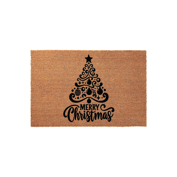 Merry Christmas coir doormat featuring a black printed design of a stylized, swirly Christmas tree topped with a star, centered on a natural brown textured coconut fiber mat for a festive holiday entryway decoration.