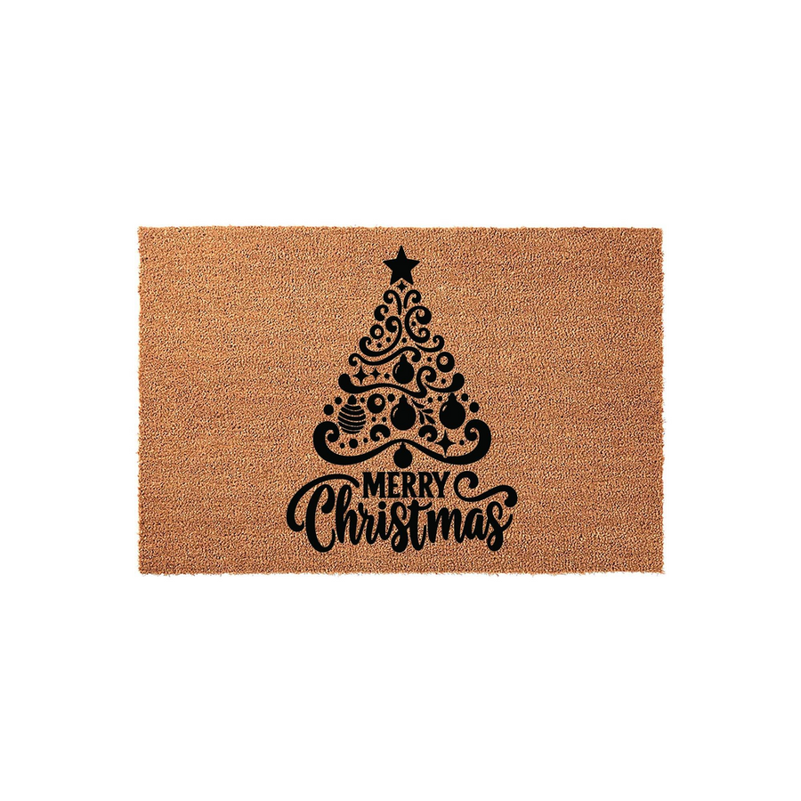 Merry Christmas coir doormat featuring a black printed design of a stylized, swirly Christmas tree topped with a star, centered on a natural brown textured coconut fiber mat for a festive holiday entryway decoration.
