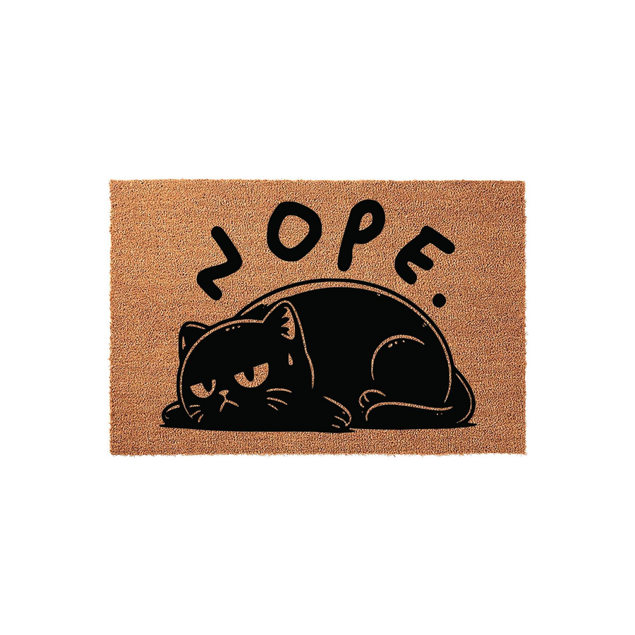 Nope Cat Coir Doormat featuring a grumpy black cat illustration lying down with the word Nope printed in bold black letters above it, set against a natural tan textured coir background for a funny and welcoming front porch