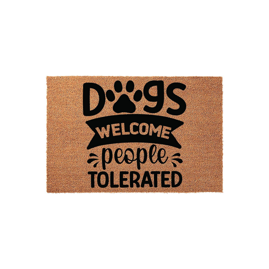 Dogs Welcome People Tolerated coir doormat featuring a black paw print design on a natural tan fiber background, perfect for a pet lover's front porch entrance to show off a humorous and welcoming message for all visiting guests.