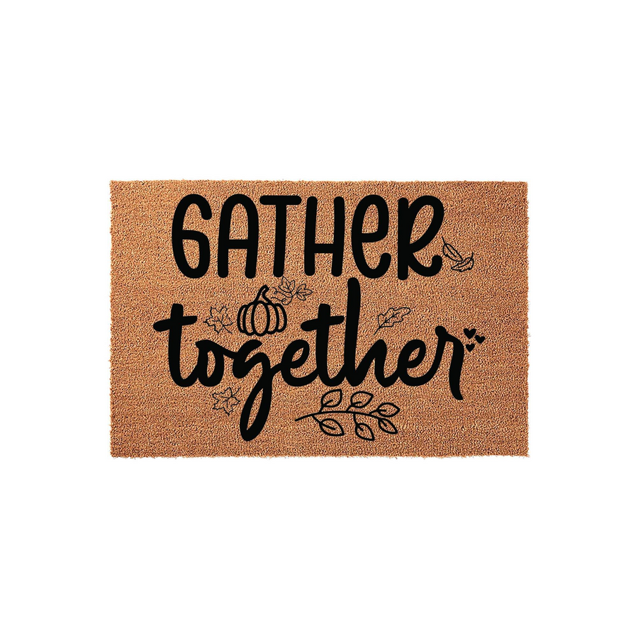 Gather Together Fall Coir Doormat featuring a natural brown fiber texture with black printed text and decorative autumn pumpkin and leaf illustrations, creating a festive seasonal welcome for your front porch entryway decor.