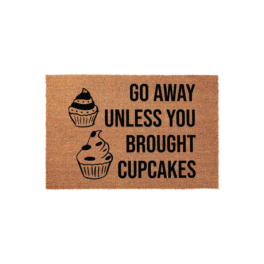 Funny Go Away Unless You Brought Cupcakes coir doormat featuring two illustrated cupcakes on the left side, set against a plain white background to highlight the natural brown fiber texture of this humorous front porch welcome