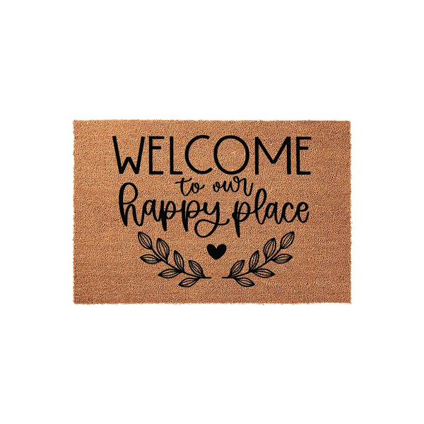 Welcome to our happy place coir doormat featuring a natural brown fiber texture with black printed text and a decorative leaf and heart design, creating a warm and inviting entryway accent for your home front porch or front door