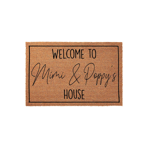 Personalized Mimi and Poppy doormat featuring a natural coir fiber texture with a black rectangular border and custom text that reads Welcome to Mimi and Poppy's House, making a charming entryway accent for a grandparent's home.