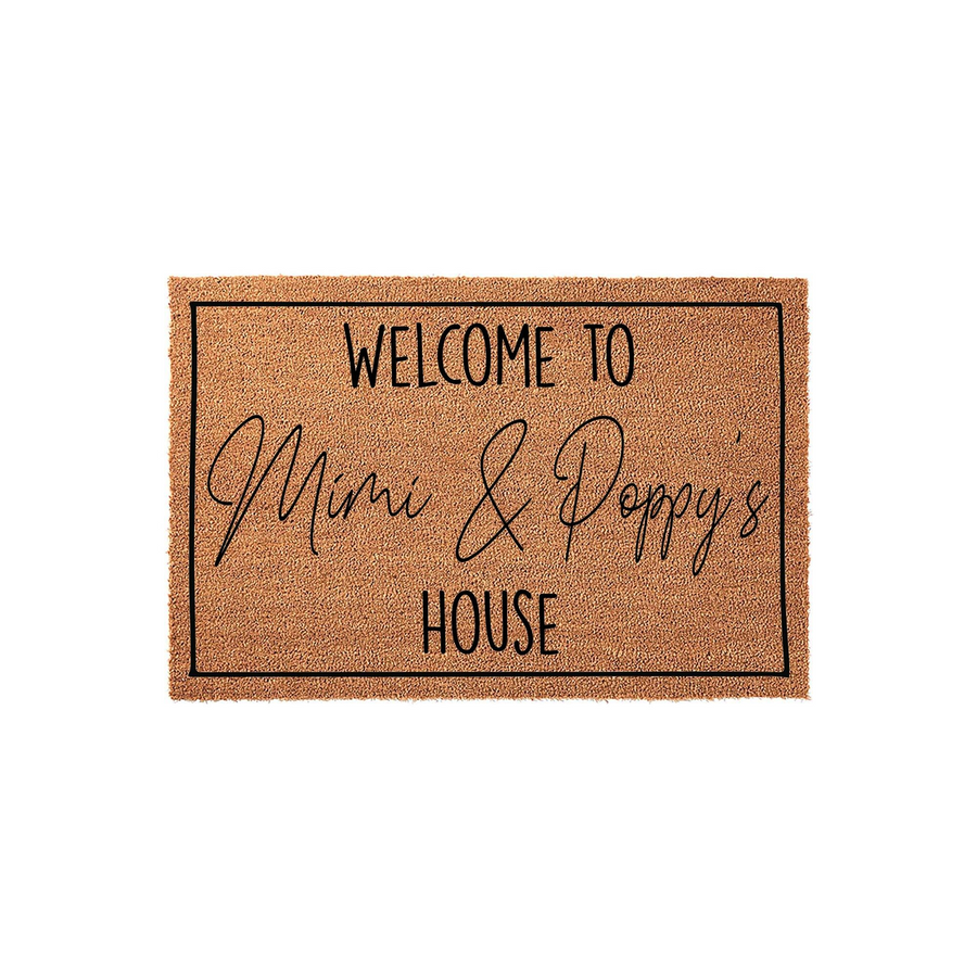 Personalized Mimi and Poppy doormat featuring a natural coir fiber texture with a black rectangular border and custom text that reads Welcome to Mimi and Poppy's House, making a charming entryway accent for a grandparent's home.
