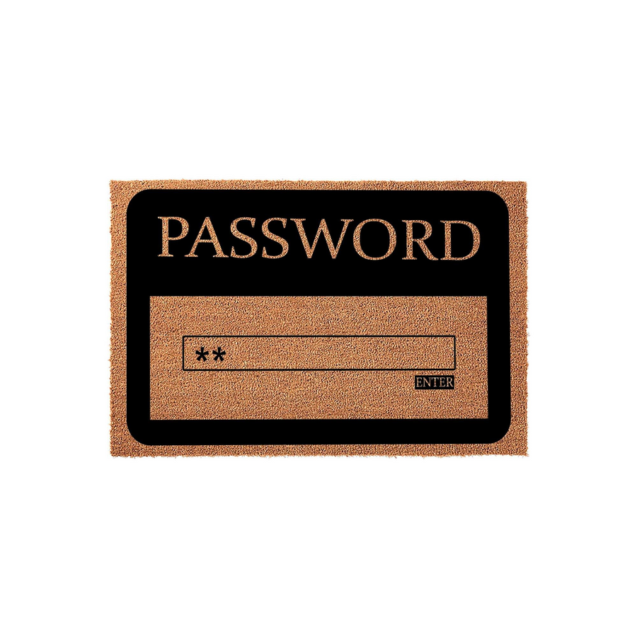 Funny Password Doormat featuring a natural coir fiber texture with a black rectangular graphic that mimics a computer login screen, complete with a password field, asterisks, and an enter button for a clever home entryway decor.