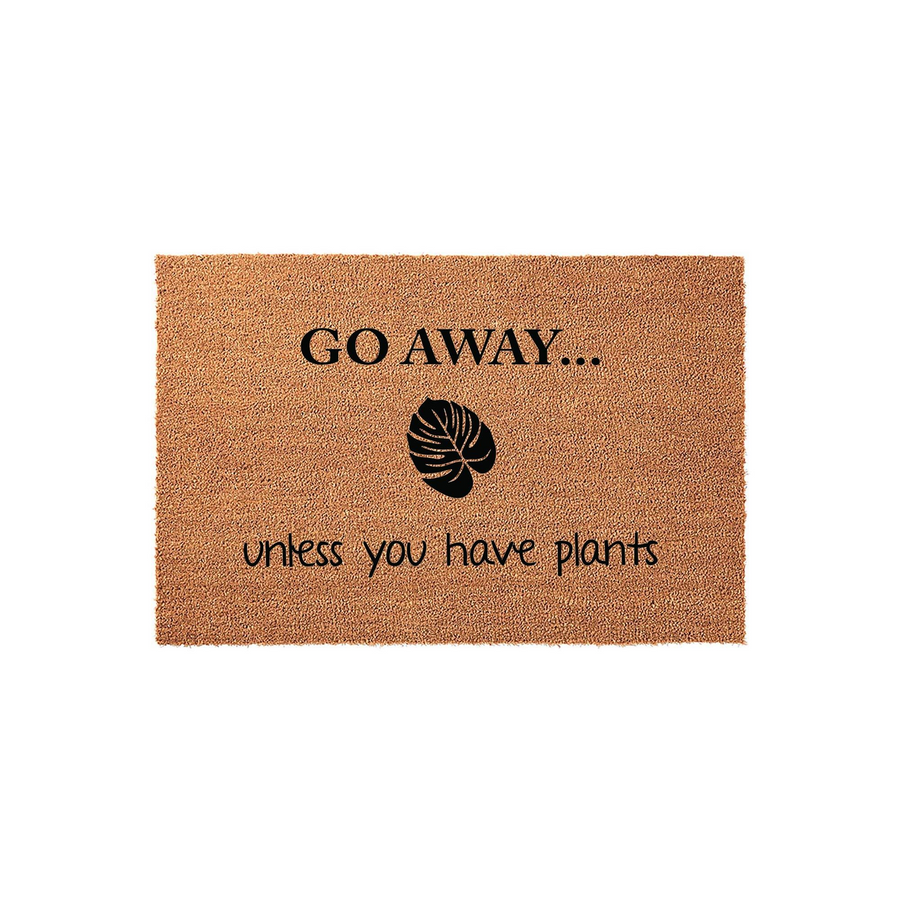 Go Away Unless You Have Plants coir doormat featuring a natural brown fiber texture and a black monstera leaf graphic, designed as a funny outdoor welcome mat for plant lovers to place at their front door entrance for a humorous
