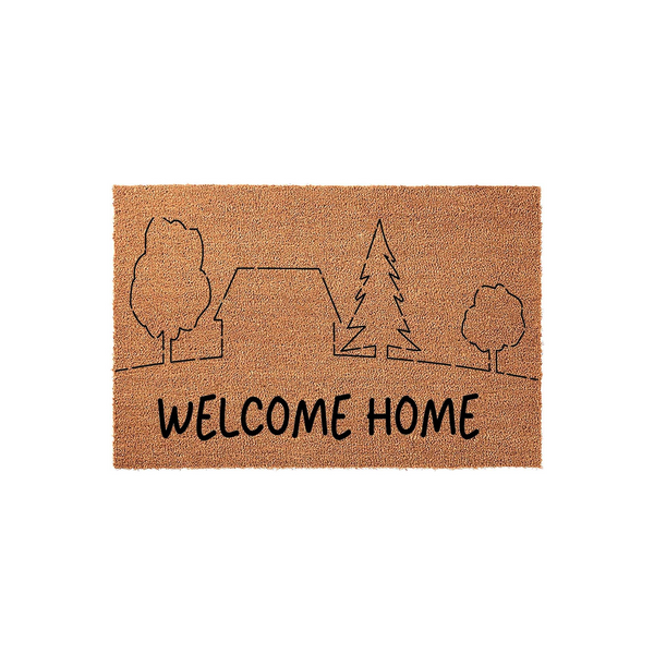 Welcome Home coir doormat featuring a minimalist line art design of a house surrounded by trees, set against a natural tan fiber background to create a warm and inviting entrance for any front porch or entryway decor.
