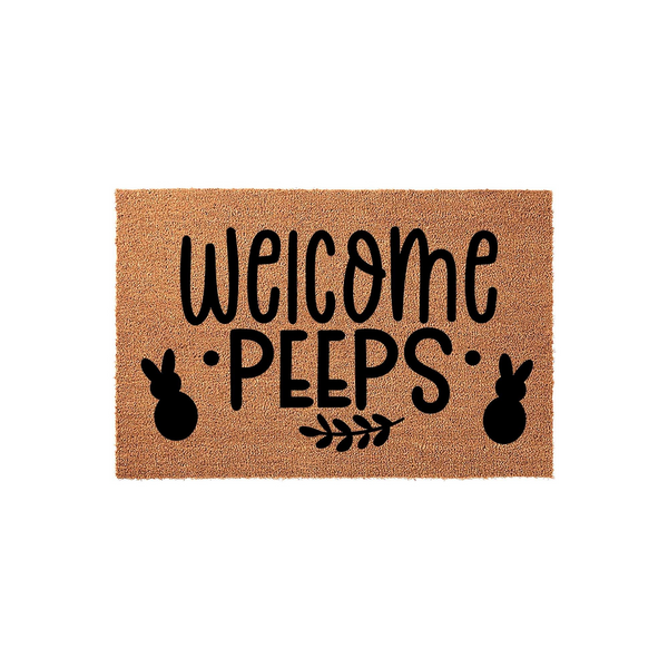 Welcome Peeps Easter doormat featuring a natural coir texture with black printed text and cute bunny silhouettes, creating a festive spring entryway decor piece that greets guests with a playful and seasonal holiday message.