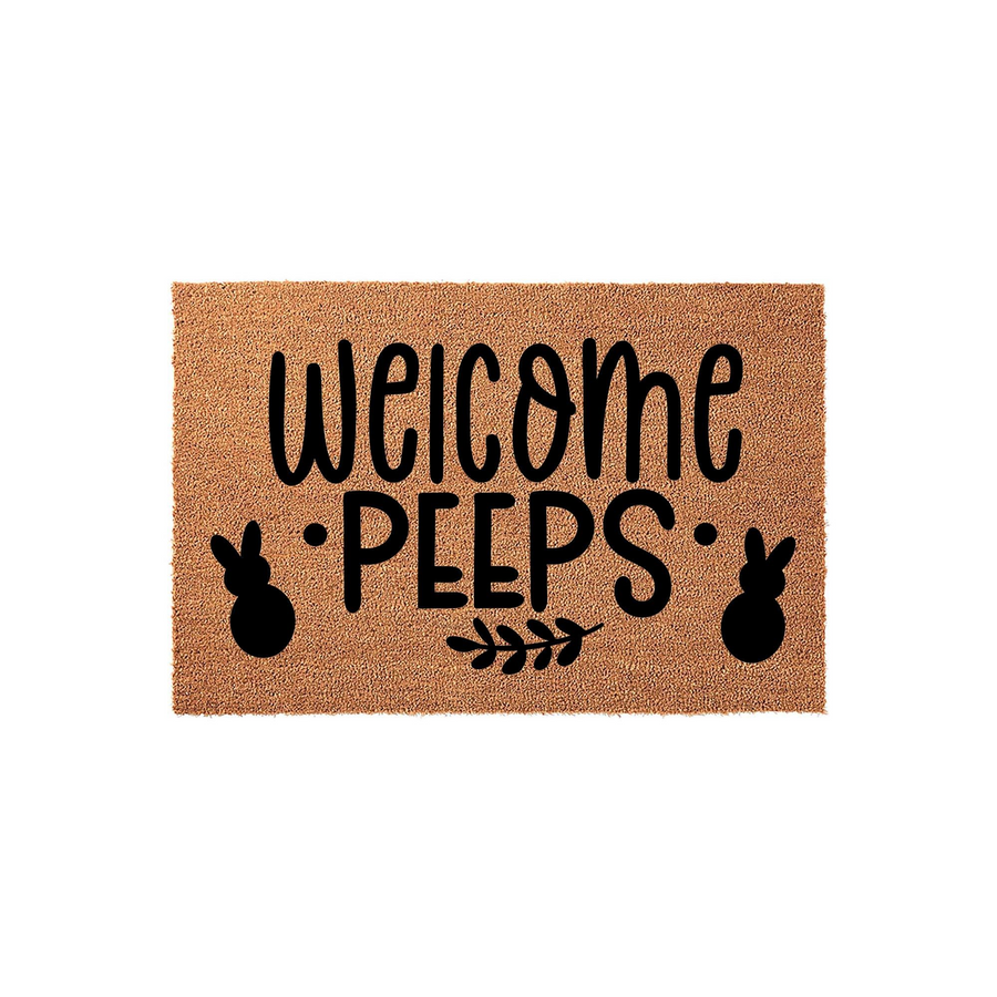 Welcome Peeps Easter doormat featuring a natural coir texture with black printed text and cute bunny silhouettes, creating a festive spring entryway decor piece that greets guests with a playful and seasonal holiday message.