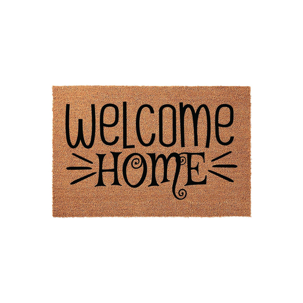 Welcome Home coir doormat featuring bold black typography centered on a natural brown fiber background, creating a rustic and inviting entryway decor piece that is perfect for any front porch or housewarming celebration.