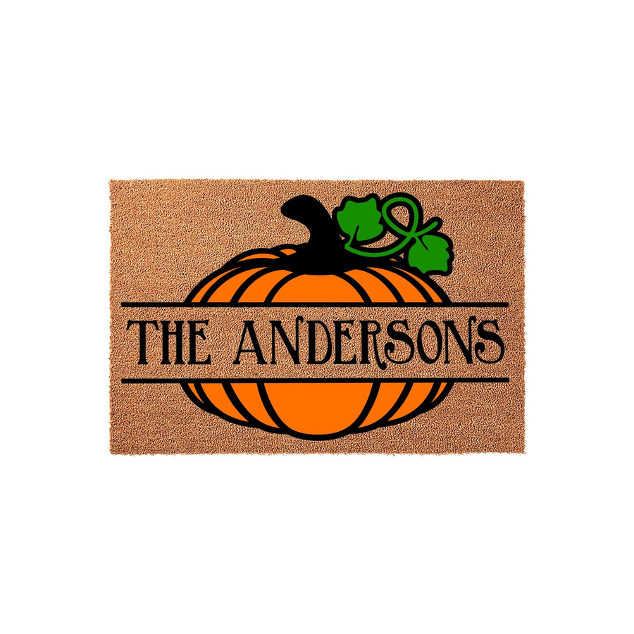 Personalized Pumpkin Fall Doormat featuring a large orange pumpkin illustration with green leaves and a central black banner for a family name, set against a natural tan coir background for a festive autumn home entryway decor.
