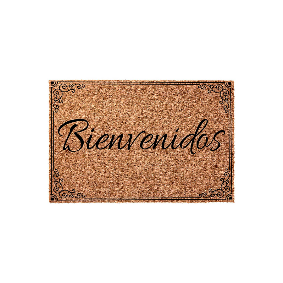 Bienvenidos coir doormat featuring a natural brown fiber texture with a black border and elegant scrollwork corners, displaying the Spanish word for welcome in a sophisticated script font against a clean, isolated white