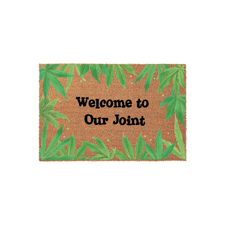 Welcome to Our Joint coir doormat featuring a natural brown fiber texture and a decorative border of green cannabis leaves, creating a humorous and welcoming entrance piece for any home with a fun, laid-back style for your front