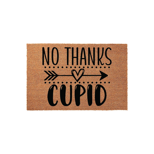 No Thanks Cupid Valentine doormat featuring a natural coir texture with black printed text and a decorative arrow heart design, making a humorous and festive addition to your front porch decor for the holiday season.