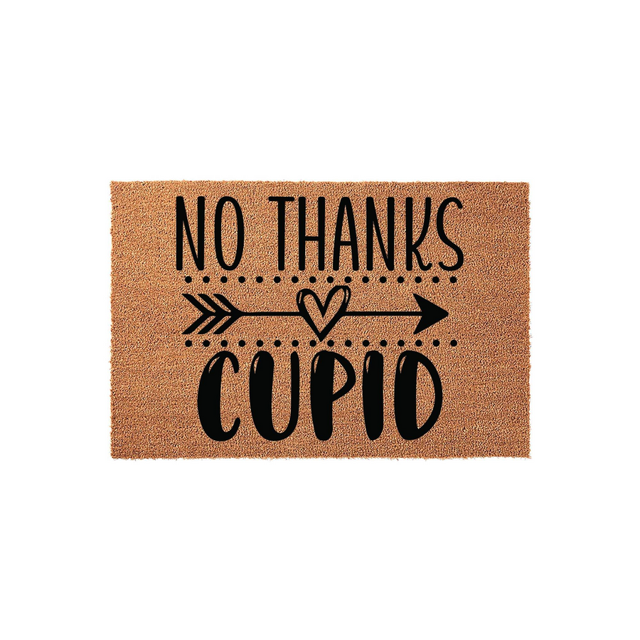 No Thanks Cupid Valentine doormat featuring a natural coir texture with black printed text and a decorative arrow heart design, making a humorous and festive addition to your front porch decor for the holiday season.