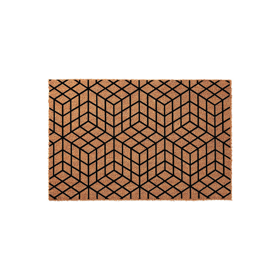 Geometric pattern coir doormat featuring a modern black cube design printed on a natural tan fiber background, creating a stylish and durable entryway floor mat that adds a contemporary touch to any home front porch or indoor