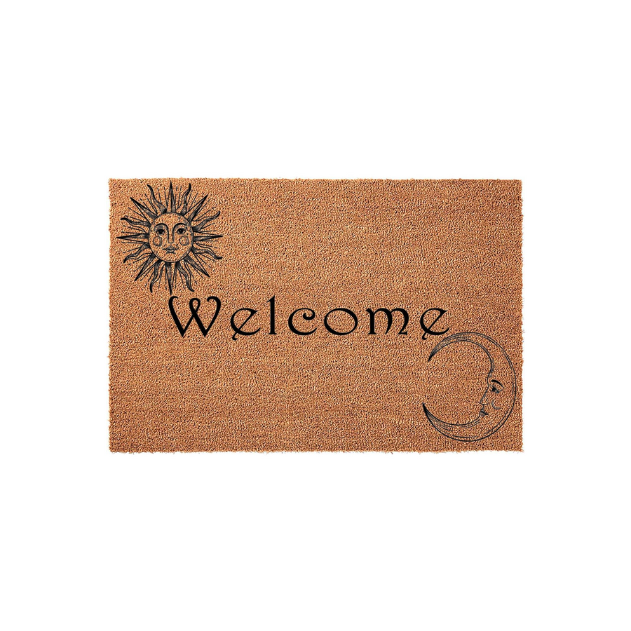 Celestial Welcome Doormat featuring a natural coir texture with a black ink illustration of a sun on the top left and a crescent moon on the bottom right, centered with elegant script text that reads Welcome for a mystical home