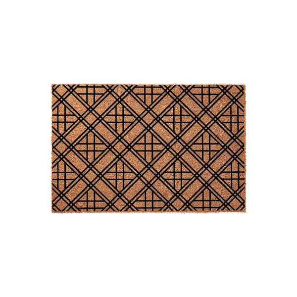Modern Geometric Pattern Coir Doormat featuring a bold black crisscross design printed on a natural tan fiber background, providing a stylish and durable entryway floor covering for your home porch or front door area.