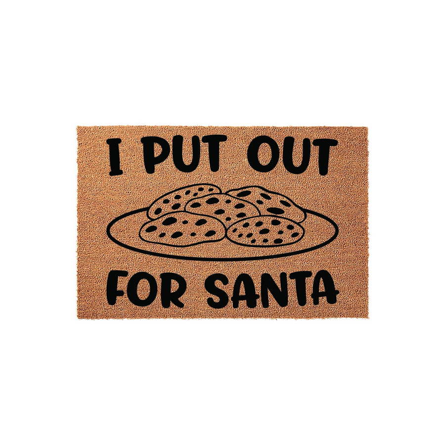I Put Out For Santa Christmas Doormat featuring a natural coir texture with a black printed graphic of a plate of chocolate chip cookies, creating a fun and festive holiday welcome for your front porch entryway during the winter