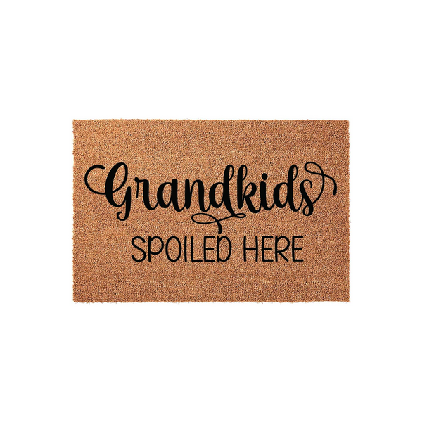 Grandkids Spoiled Here coir doormat featuring natural brown coconut fiber texture and bold black lettering, making a fun and welcoming front porch entrance for any grandparent who loves to spoil their visiting grandchildren.