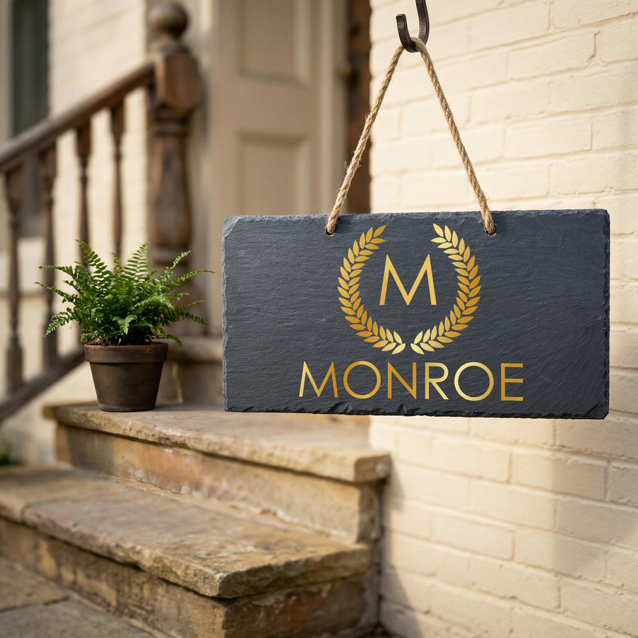 Personalized slate family name sign hanging on a porch, featuring a gold laurel wreath design with a central initial and custom text, displayed against a rustic brick home exterior with a small potted fern on the stone steps