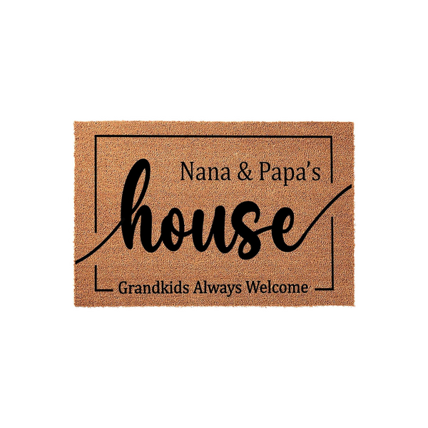 Nana and Papa's House doormat featuring a natural coir texture with black printed text that reads Nana and Papa's house and Grandkids Always Welcome, framed by a simple rectangular border on a clean white studio background.