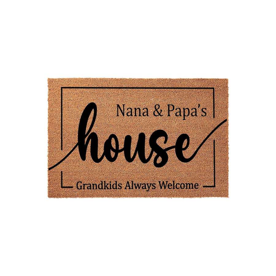 Nana and Papa's House doormat featuring a natural coir texture with black printed text that reads Nana and Papa's house and Grandkids Always Welcome, framed by a simple rectangular border on a clean white studio background.