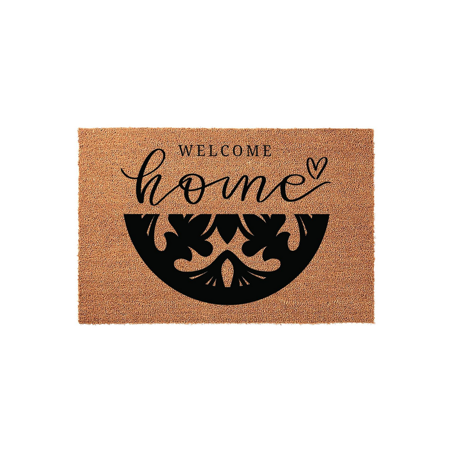 Welcome Home Coir Doormat featuring a natural tan fiber texture with black printed text and a decorative half-circle floral pattern, creating a stylish and inviting entryway accent for any front porch or home entrance decor.