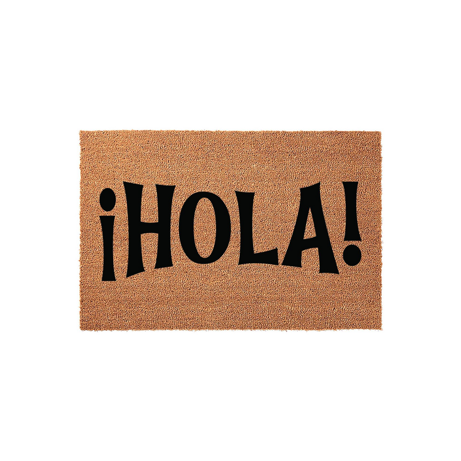 Hola Coir Doormat featuring a natural tan fiber texture and bold black lettering that says Hola with exclamation points, providing a welcoming and stylish entrance decor piece for your front porch or home entryway on a plain