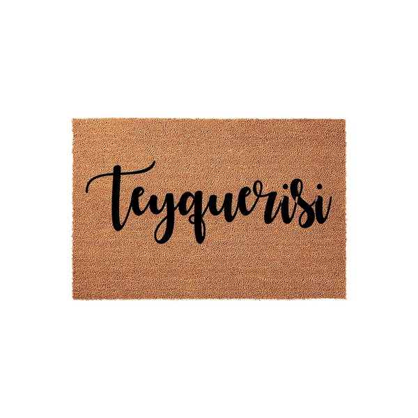 Personalized coir doormat featuring custom script lettering centered on a natural tan fiber background, providing a durable and welcoming entrance mat for your home front porch or entryway decor with a clean studio white backdrop.