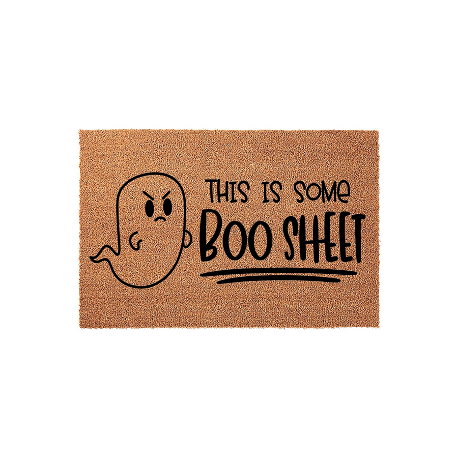 Funny Halloween doormat featuring a cute, grumpy ghost illustration and the text This Is Some Boo Sheet printed in black on a natural coir fiber background, making it a humorous seasonal entryway decor piece for your front porch.