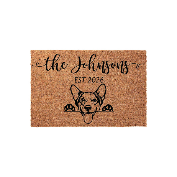 Personalized Corgi Welcome Doormat featuring a cute illustrated Corgi dog peeking over the bottom edge, with custom family name text and established year printed in black ink on a natural brown coir fiber mat against a plain