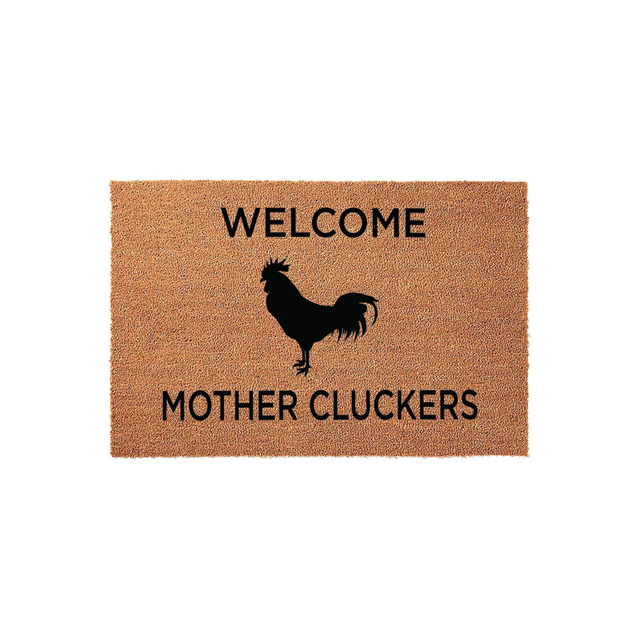 Funny Rooster Welcome Doormat featuring a black silhouette of a rooster in the center with the text Welcome Mother Cluckers printed in bold black letters on a natural tan coir fiber background, perfect for a farmhouse front porch