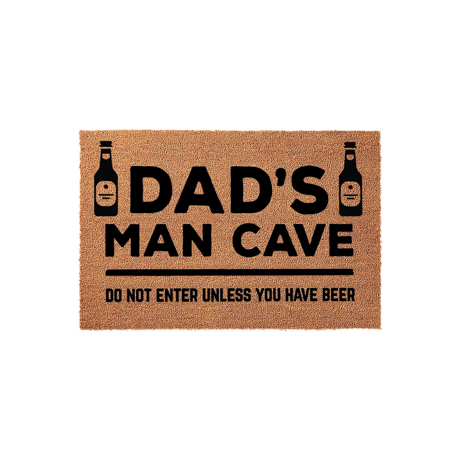 Dad's Man Cave coir doormat featuring a humorous design with two beer bottle icons and the text Do Not Enter Unless You Have Beer, set against a plain white background for a clean look at this fun home decor accessory for a