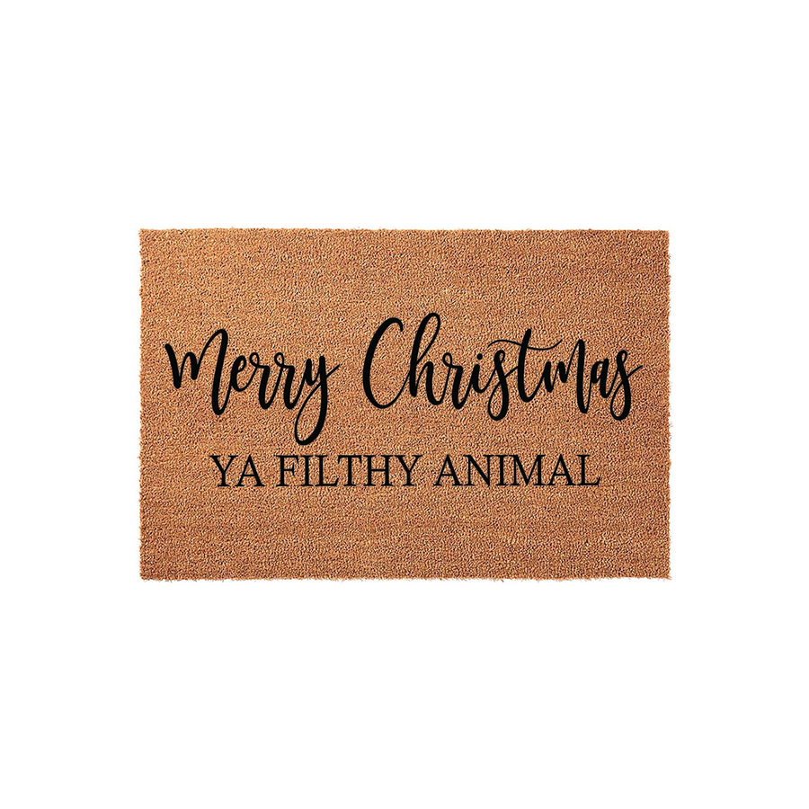 Merry Christmas Ya Filthy Animal coir doormat featuring a natural brown fiber texture and bold black lettering, providing a humorous and festive holiday welcome for your front porch entrance during the winter season.