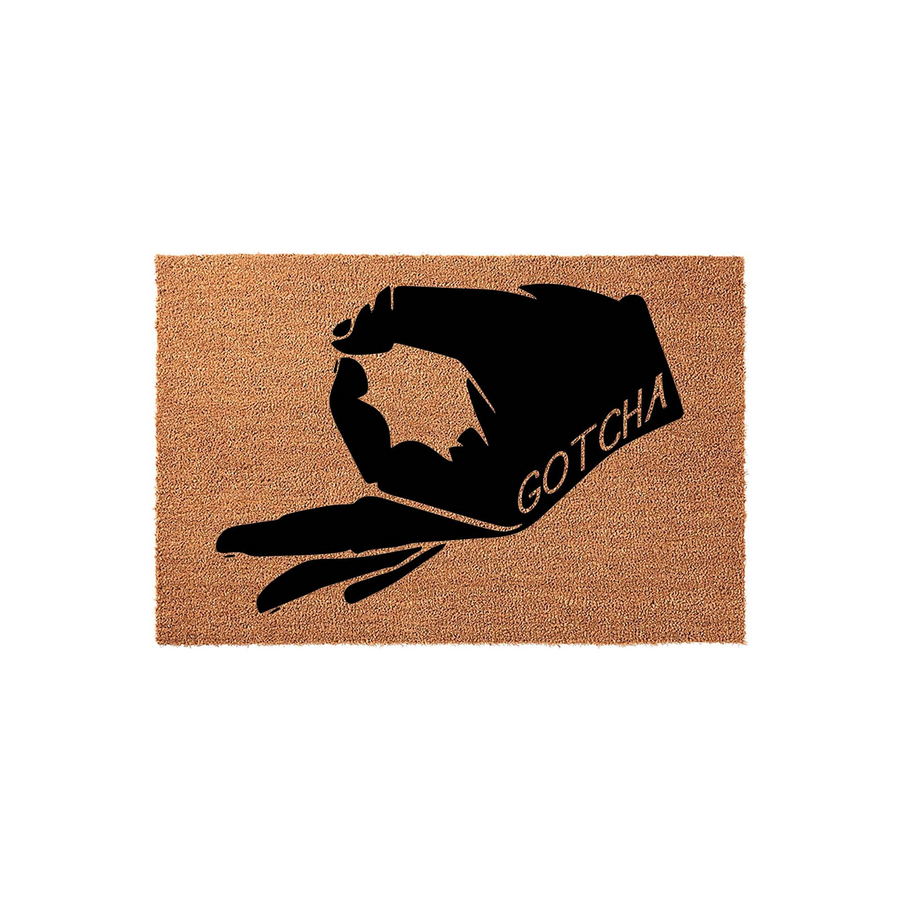 Funny Gotcha Hand Gesture Coir Doormat featuring a natural brown coconut fiber texture with a bold black graphic of the classic circle hand sign, making it a playful and humorous welcome mat for your front porch or entryway decor.