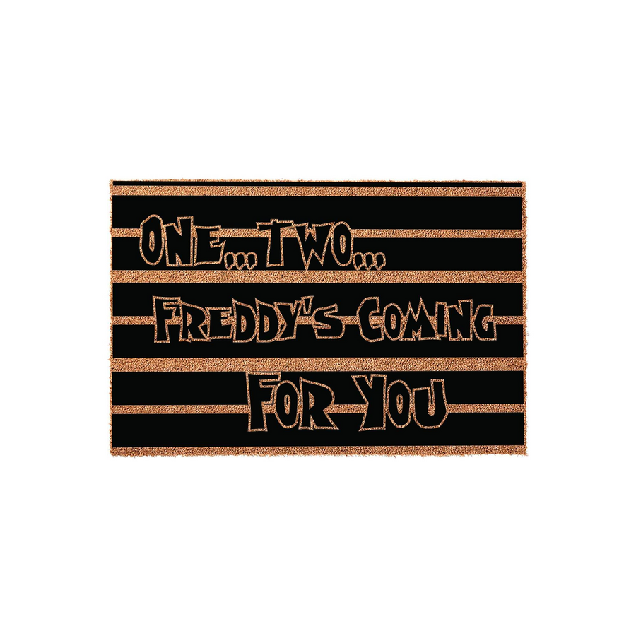 Horror movie themed coir doormat featuring a black and natural fiber striped design with the iconic quote One Two Freddy is Coming For You printed in bold, stylized lettering across the center of this spooky Halloween outdoor