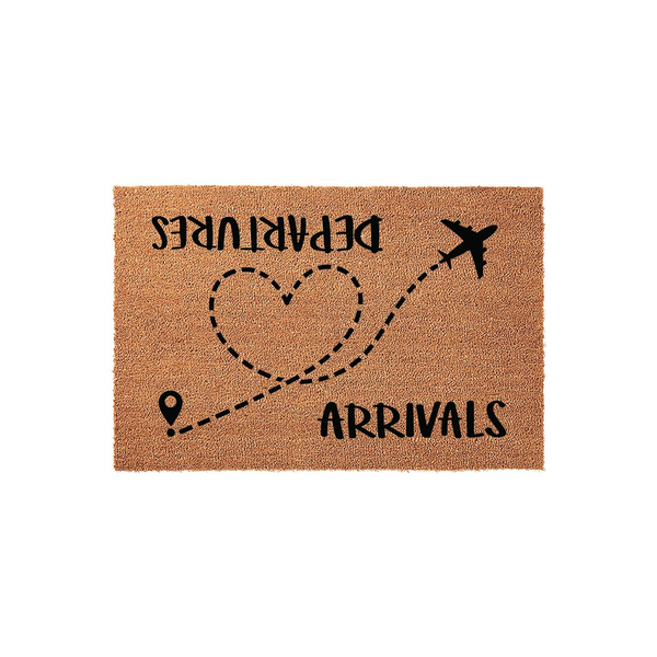 Travel Themed Arrivals and Departures Doormat featuring a natural coir texture with a black printed design of a dashed flight path forming a heart shape, connecting a location pin to an airplane icon on a clean white studio