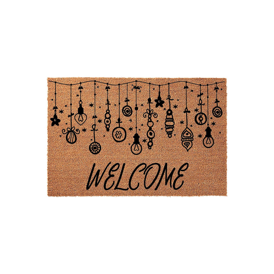 Christmas Ornament Welcome Doormat featuring a natural coir texture with a black printed design of hanging holiday baubles and string lights above the word Welcome in a stylish script font for a festive front porch entryway