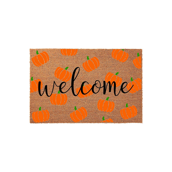 Pumpkin Welcome Doormat featuring a natural coir texture background decorated with a repeating pattern of bright orange pumpkins and the word welcome written in a stylish black cursive script for a festive fall entryway decor
