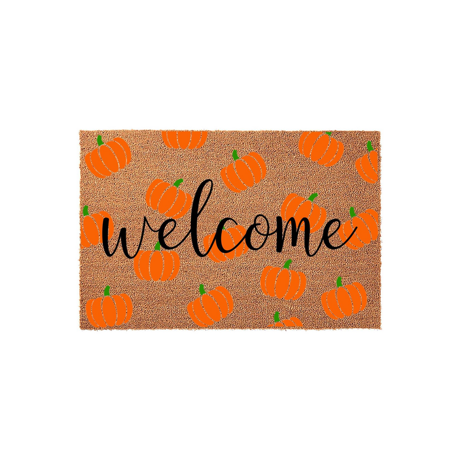 Pumpkin Welcome Doormat featuring a natural coir texture background decorated with a repeating pattern of bright orange pumpkins and the word welcome written in a stylish black cursive script for a festive fall entryway decor
